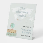 Het avontuur begint Wereldkaart Reizen Baby shower Reclamebord Met Voetstuk (Voorkant)