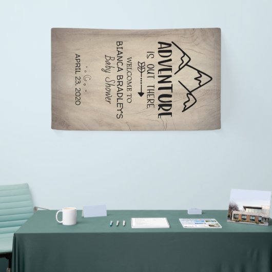 Het avontuur is buiten Baby shower | Rustisch hout Spandoek (Beurs)