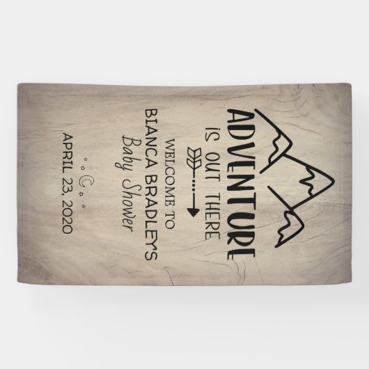 Het avontuur is buiten Baby shower | Rustisch hout Spandoek (Horizontaal)