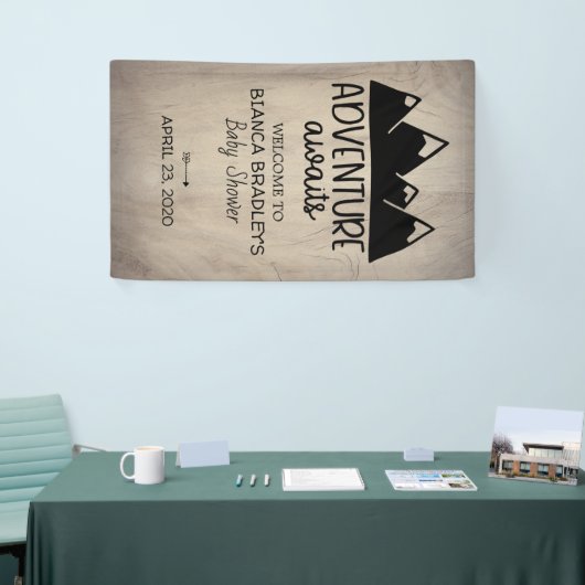 Het avontuur wacht Baby shower af | Rustisch hout Spandoek (Beurs)