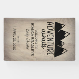 Het avontuur wacht Baby shower af | Rustisch hout Spandoek