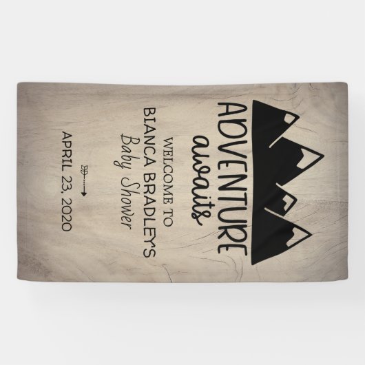 Het avontuur wacht Baby shower af | Rustisch hout Spandoek (Horizontaal)