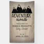 Het avontuur wacht Baby shower af | Rustisch hout Spandoek (Verticaal)