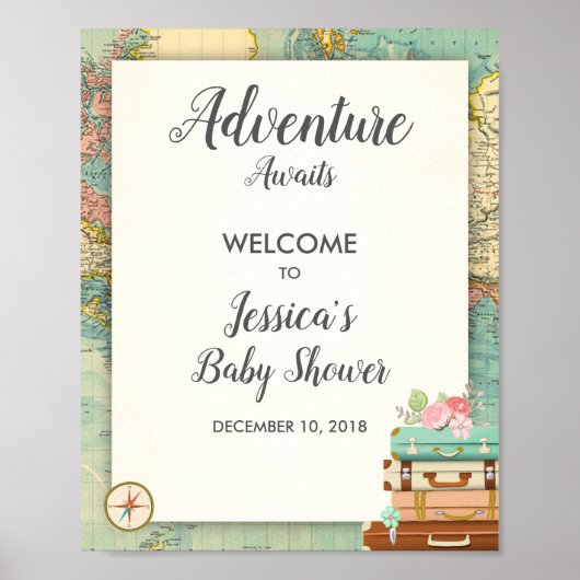 Het avontuur wacht Baby shower Welkome Teken Reis Poster (Voorkant)