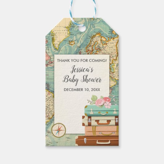 Het avontuur wacht dank u labels Baby shower reize Cadeaulabel (Voorkant)