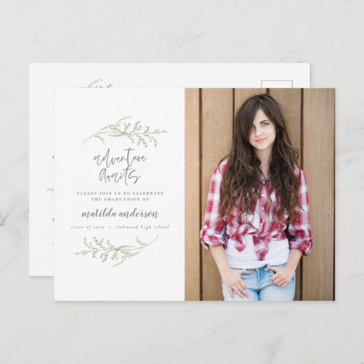 Het avontuur wacht de fotouitnodiging van de gradu aankondigingskaart (Voorkant / Achterkant)