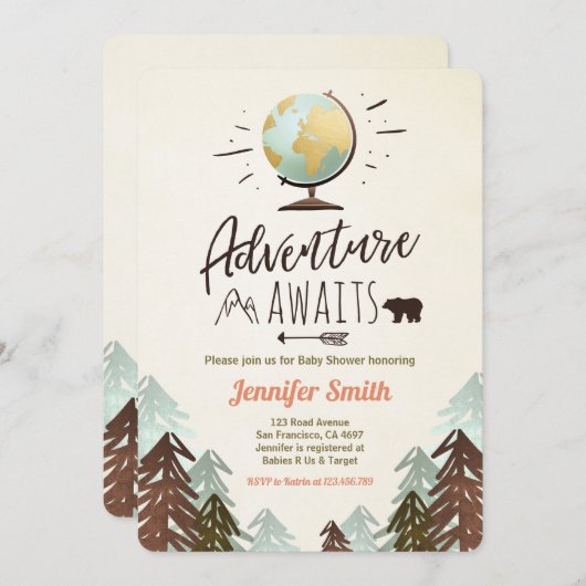 Het avontuur wacht op Baby shower nodigt  Rustic u Kaart (Voorkant / Achterkant)