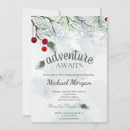 Het avontuur wacht Pine Tree Branch Snow Retiremen Kaart (Voorkant)