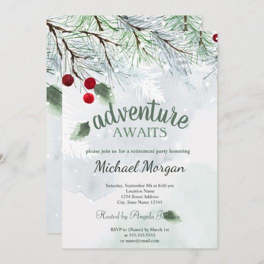 Het avontuur wacht Pine Tree Branch Snow Retiremen Kaart (Voorkant / Achterkant)