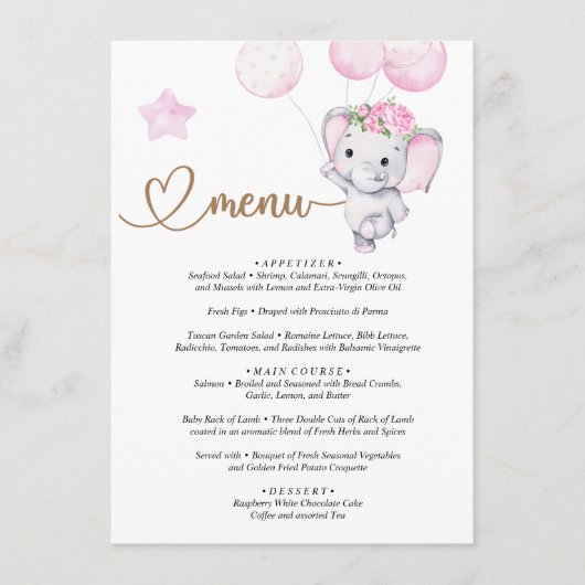 Het Baby shower Elephant & Flower van het menu-mei Informatiekaartje (Voorkant)