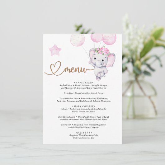 Het Baby shower Elephant & Flower van het menu-mei Informatiekaartje (Staand voorkant)