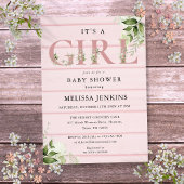 Het Baby shower 'Girl Greenery Pink Rustic Wood' Kaart