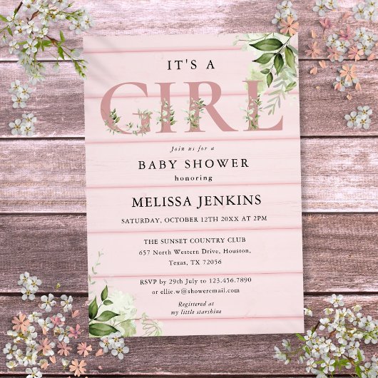 Het Baby shower 'Girl Greenery Pink Rustic Wood' Kaart