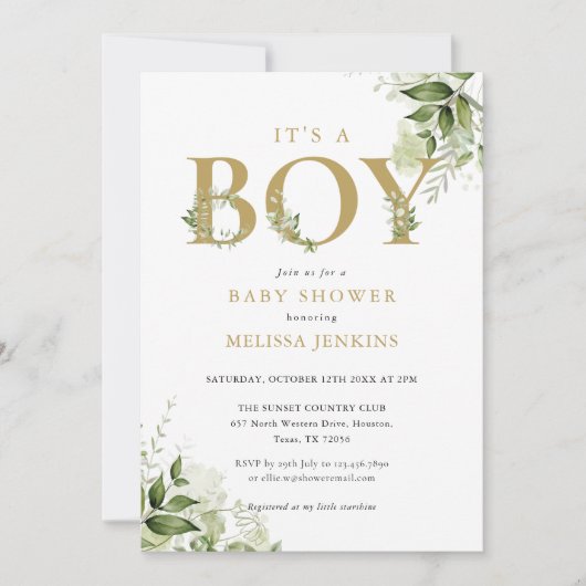 Het Baby shower 'n Jongen Greenery Foliage Gold Le Kaart (Voorkant)