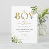 Het Baby shower 'n Jongen Greenery Foliage Gold Le Kaart (Staand voorkant)
