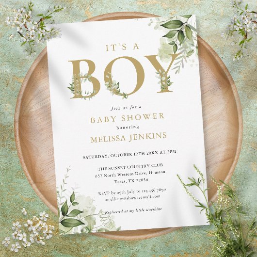 Het Baby shower 'n Jongen Greenery Foliage Gold Le Kaart