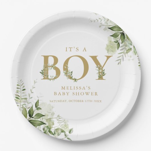 Het Baby shower 'n Jongen Greenery Foliage Gold Le Papieren Bordje (Voorkant)