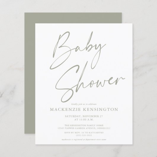 Het Baby shower Olive Green Script van de Begrotin (Voorkant / Achterkant)