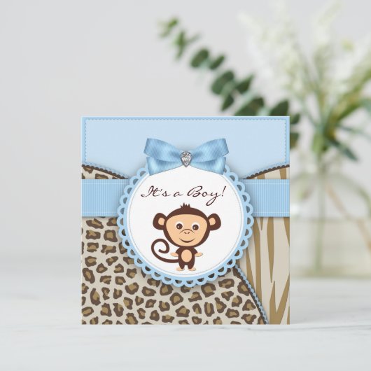 Het Baby shower van Brown and Blue Monkey Kaart (Staand voorkant)