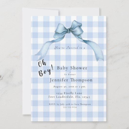 Het Baby shower van de Blue Bow Gingham Oh Boy Kaart (Voorkant)