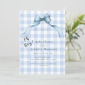 Het Baby shower van de Blue Bow Gingham Oh Boy Kaart (Staand voorkant)