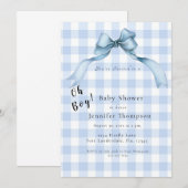 Het Baby shower van de Blue Bow Gingham Oh Boy Kaart (Voorkant / Achterkant)