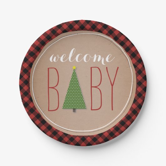 Het Baby shower van de kerstboom - Plaid Papieren Bordje (Voorkant)