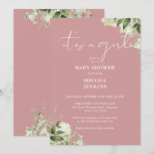 Het Baby shower van een Girl Greenery Dusty Roos Kaart (Voorkant / Achterkant)