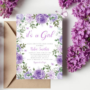 Het Baby shower van een Girl Paars Floral Butterfl Kaart