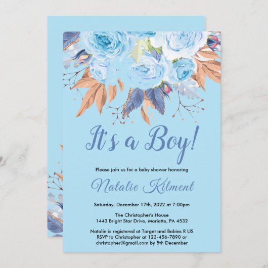 Het Baby shower van een jongen Blue Botanical Flor Kaart (Voorkant / Achterkant)