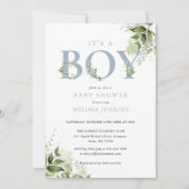 Het Baby shower van een Jongen Dusty Blue Greenery Kaart (Voorkant)