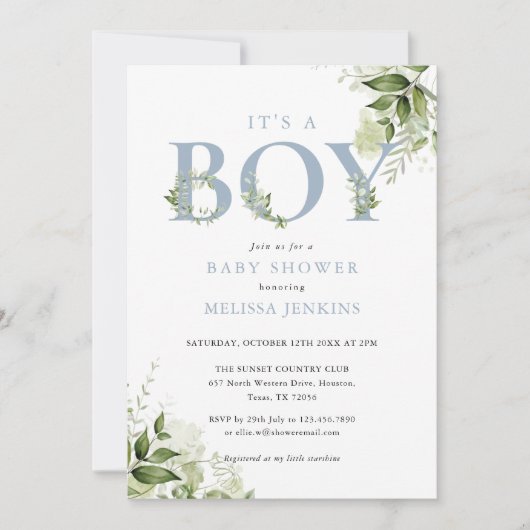 Het Baby shower van een Jongen Dusty Blue Greenery Kaart (Voorkant)