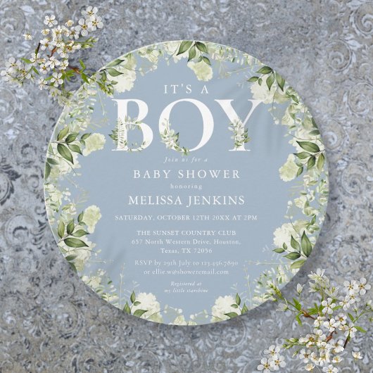 Het Baby shower van een Jongen Dusty Blue Greenery Kaart