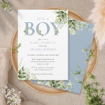 Het Baby shower van een Jongen Dusty Blue Greenery Kaart<br><div class="desc">Het is een jongen baby shower-uitnodiging met elegante,  stoffige blauwe typografie en  botanische groenbladerij. Ontworpen door: Thisnotme©</div>