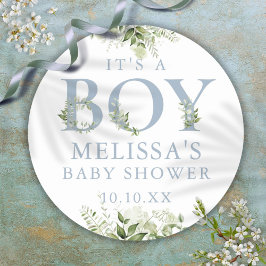 Het Baby shower van een jongen Dusty Blue Greenery Ronde Sticker