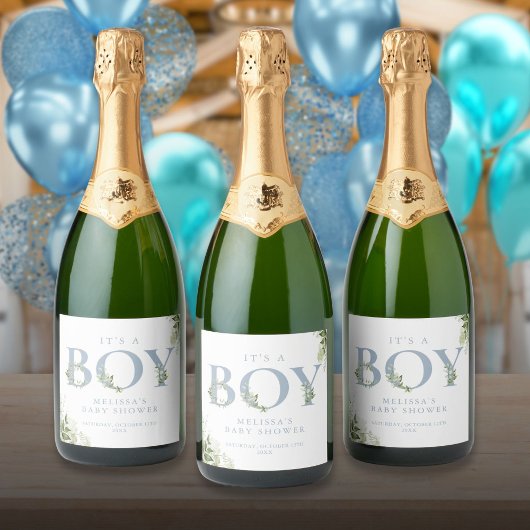 Het Baby shower van een Jongen Dusty Blue Greenery Sparkling Wijnetiket