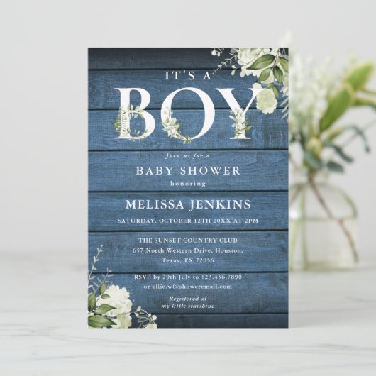 Het Baby shower van een jongen Greenery Blue Rusti Kaart (Staand voorkant)