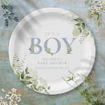 Het Baby shower van een jongen Greenery Dusty Blue Papieren Bordje<br><div class="desc">Het is een bord van een baby shower jongen met elegante,  stoffige blauwe typografie en  botanische groene foliage. Ontworpen door: Thisnotme©</div>
