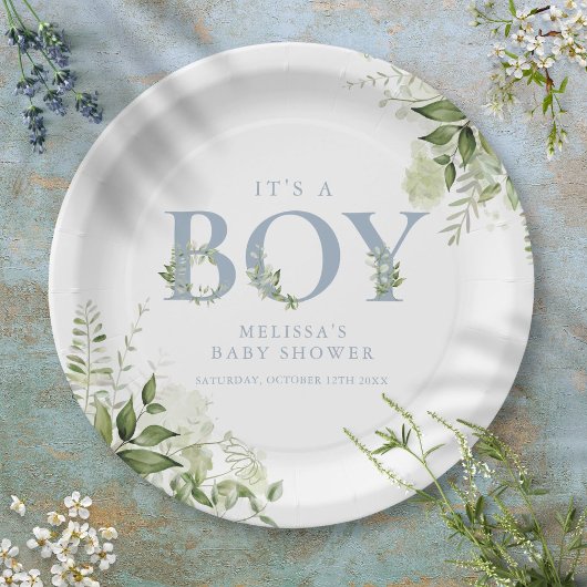 Het Baby shower van een jongen Greenery Dusty Blue Papieren Bordje