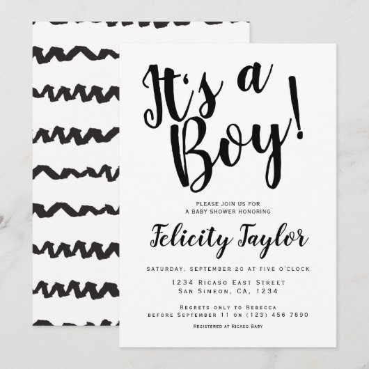 Het Baby shower van een jongen Typografie Black Wh Kaart (Voorkant / Achterkant)