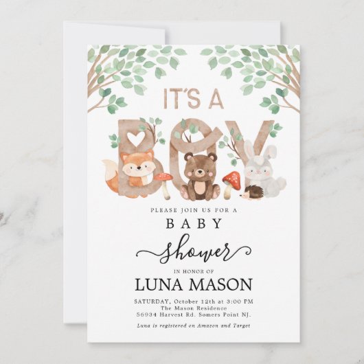Het Baby shower van een jongen Woodland Kaart (Voorkant)