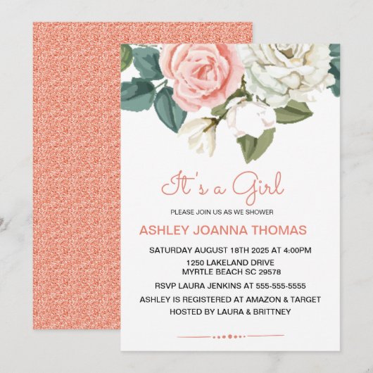 Het Baby shower van een meisje met elegante koraal Kaart (Voorkant / Achterkant)