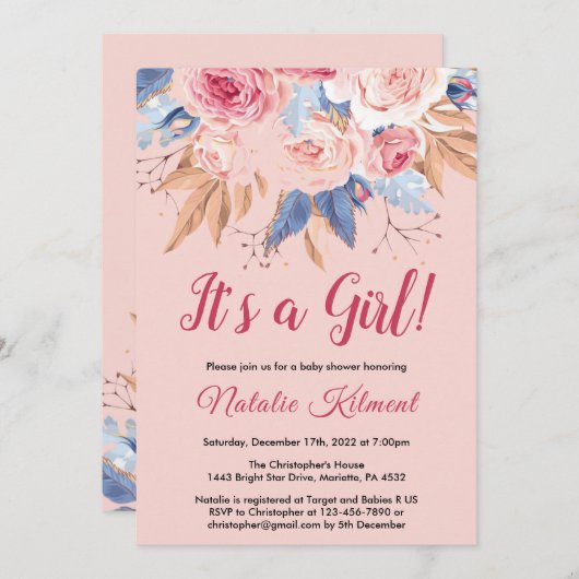 Het Baby shower van een meisje met roze botanische Kaart (Voorkant / Achterkant)