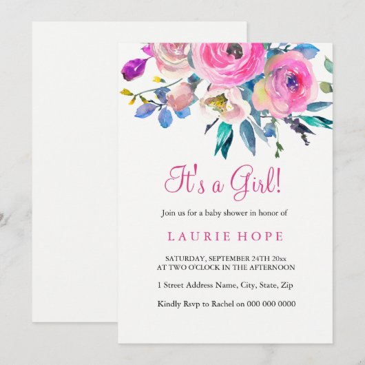 Het baby shower van een meisje roze bloem nodigt u kaart (Voorkant / Achterkant)