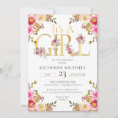 Het Baby shower van een meisje-Waterverf bloeit in Kaart (Voorkant)