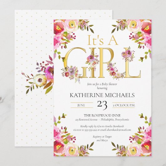 Het Baby shower van een meisje-Waterverf bloeit in Kaart (Voorkant / Achterkant)