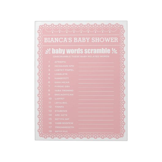 Het Baby shower Word Scramble Pink Papel Picado Notitieblok (Linkerzijde)