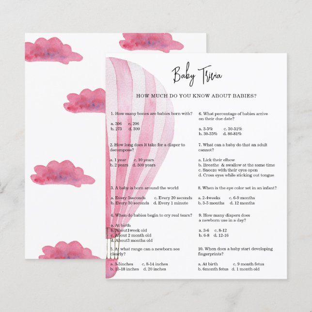 Het babytrivia-spel met hete-luchtballon | Baby Sh (Voorkant / Achterkant)