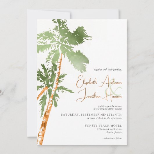 Het Beach Palm Trees Destination Wedding Script Kaart (Voorkant)