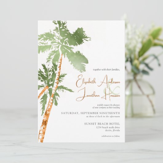 Het Beach Palm Trees Destination Wedding Script Kaart (Staand voorkant)